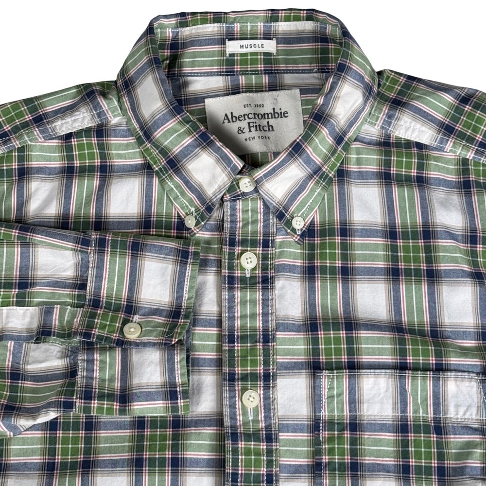 Abercrombie & Fitch Plaid Muscle Button Down Shirt Cotton OCBD Green Mens XXL